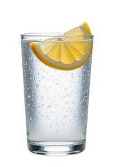 Lemon slice in sparkling water glass with transparent background