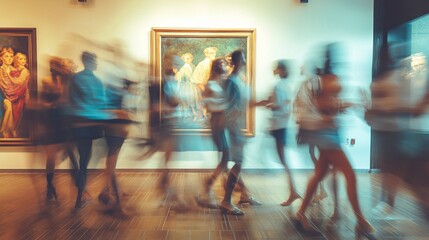 Dancing couples in art gallery, motion blur