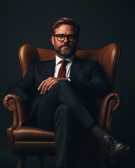 CEO sitting in executive chair in high-contrast lighting