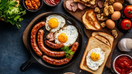 A captivating flat lay of a breakfast spread featuring sausages, eggs, and toast, showcasing the comforting and hearty aspects of a traditional morning meal