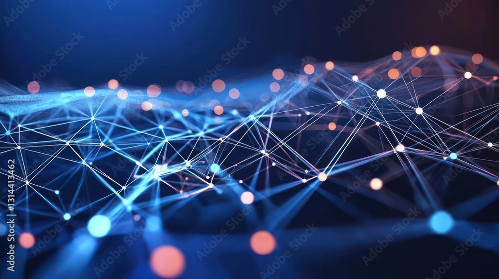 Poster abstract digital network visualization with blue and orange points and lines