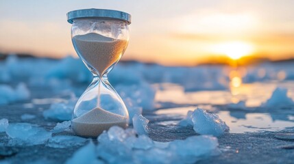 A close-up of an hourglass filled with sand, where the upper half represents parched land and the lower half, melting ice, symbolizing the passage of time on climate change