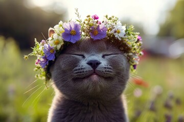 Fototapeta premium Soft daylight. Vacation time happiness. Cute adult cat russian blue wearing fierce flower circlet on its head. Smiling little pet explorer. Boho-inspired floral wreath for cats.