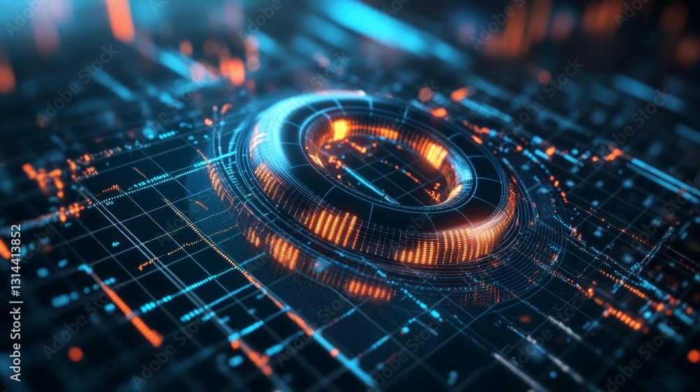 Poster a close-up of a futuristic d donut chart with segmented, glowing parts, floating above a digital gri
