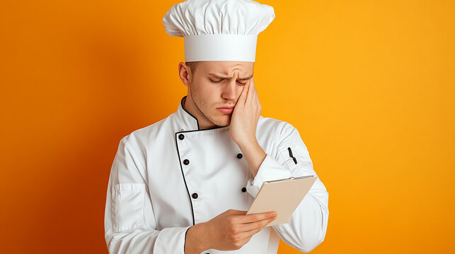 Tired chef in white uniform reads menu on yellow background studio shot job man sad cook food meal dish male lunch paper