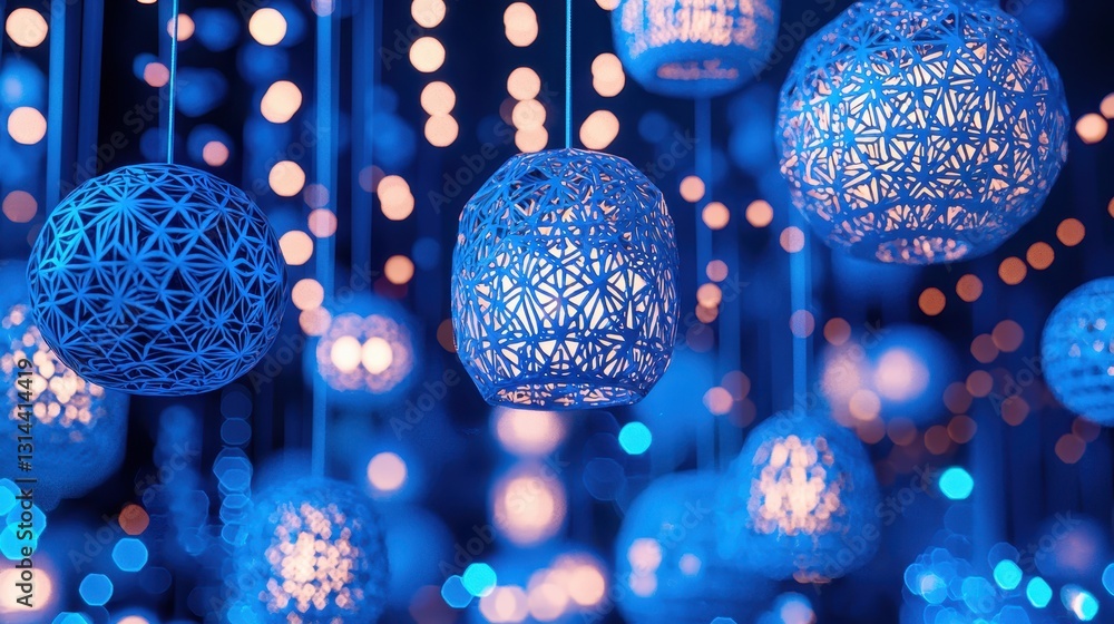 Poster decorative lanterns with soft blue lighting and bokeh effect