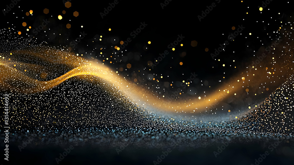 Poster radiant gold glitter wave on a dark background with sparkling particles and soft illumination for fe