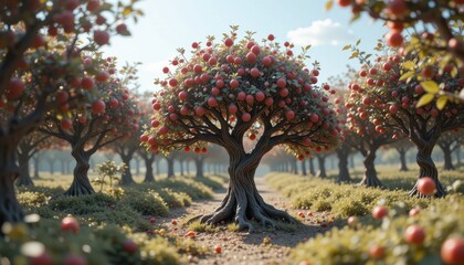 Naklejka premium Majestic Apple Orchard Red Apples on Twisted Trees in a Sunlit Grove