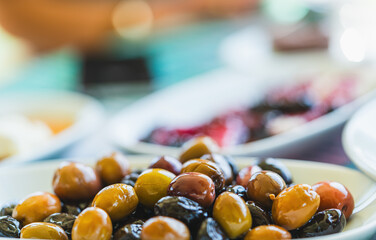 Black and Yellow Olives on Breakfast Table