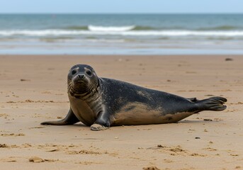Obraz premium Relaxed Harbor Seal Lying on a Sandy Beach With Ocean Waves in the Background.