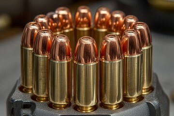 Detailed close-up of ammunition showcasing metallic cartridge design and shiny projectiles