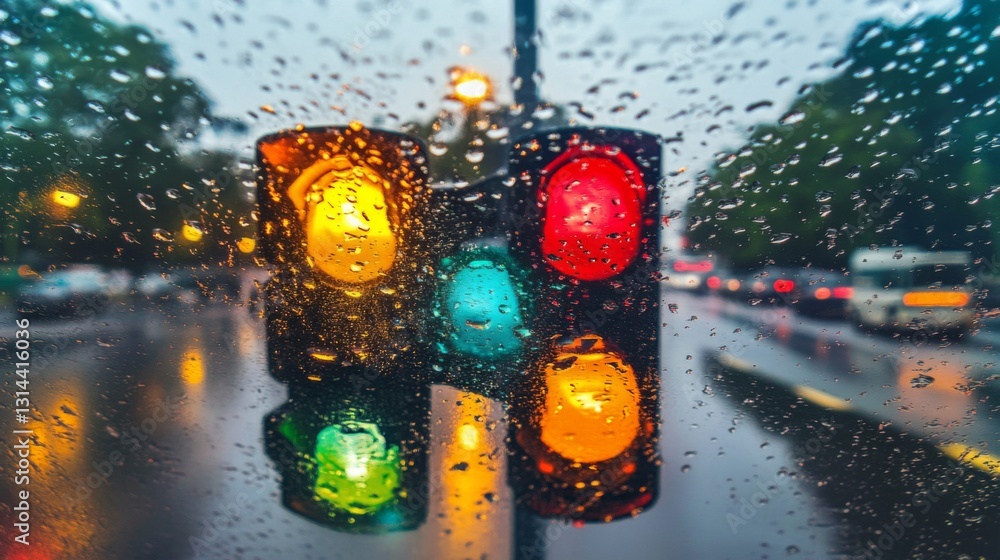 Aufkleber a creative angle of a traffic light viewed through the windshield of a car, with raindrops visible, 