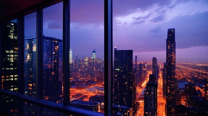Illuminated cityscape view from an elevated vantage point during twilight