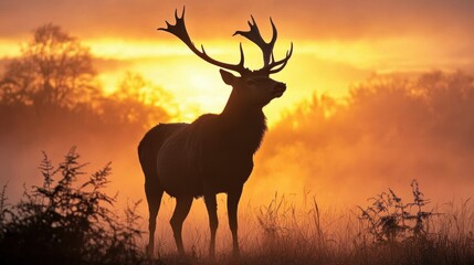 Majestic Deer Silhouette Against Vibrant Sunset in Misty Landscape