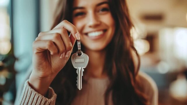 Crop close up of female tenant renter show praise house keys moving to first own new apartment or house happy woman owner buy purchase home relocate to dwelling rental rent ownership concept.