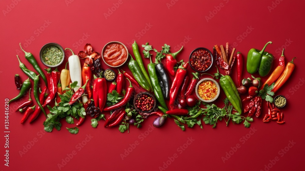 Poster a creative composition of various types of chilies displayed alongside sauces and condiments, showca
