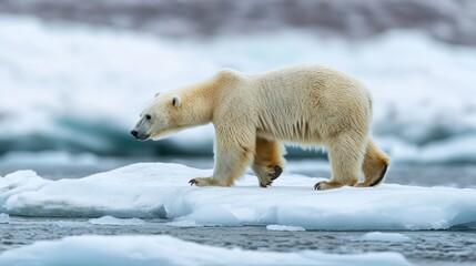 Polar Bear Walking on Ice in Arctic Environment with Blurred Background and Natural Habitat
