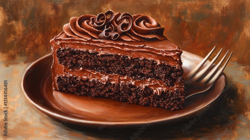 Poster a delicious slice of chocolate cake with layers visible, topped with glossy chocolate frosting and d