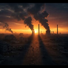 smog, huge carbon emission at golden hour as the sign of climate change and global warming