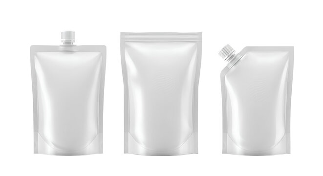 Three white stand-up pouches with different spout and seal designs, made of flexible material, isolated on a transparent background.