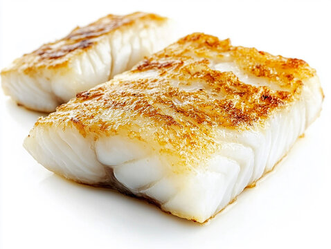 Delicious crispy pan fried cod fillet pieces close up studio shot white background eat fish food meal diet menu lunch