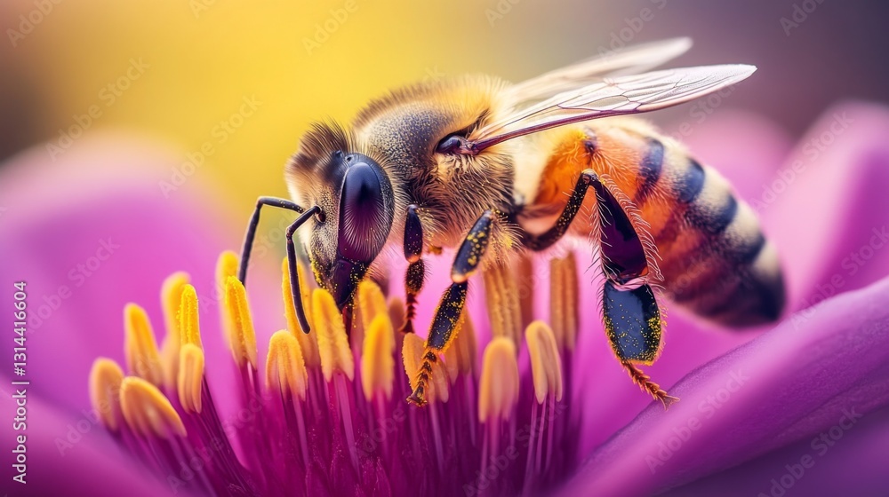 Poster A detailed image of a honeybee collecting nectar from a bright flower, with pollen visible on its legs, illustrating the beauty of pollination