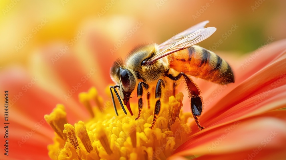 Aufkleber a detailed image of a honeybee collecting nectar from a bright flower, with pollen visible on its le