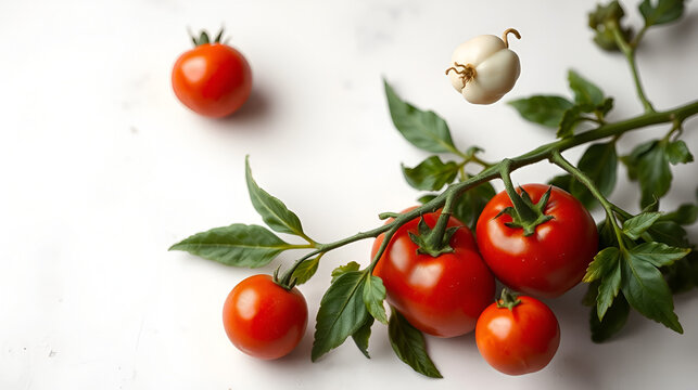 pomodori secchi e foglie di alloro su sfondo bianco