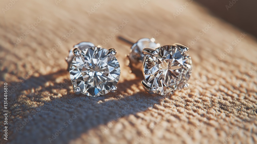 Leinwandbilder a detailed macro view of a pair of classic diamond earrings resting on a textured surface, with soft