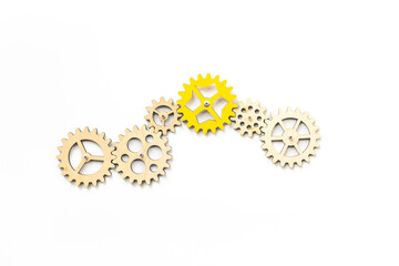 One cogwheel matches to chain of gears. New team member or new idea concept