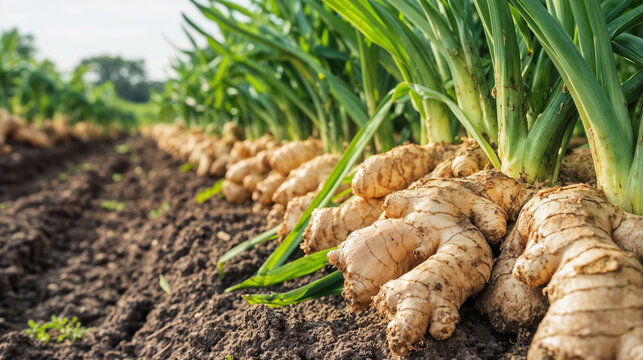 Fresh ginger rhizomes growing in cultivated field: close-up of ginger plants in farmland