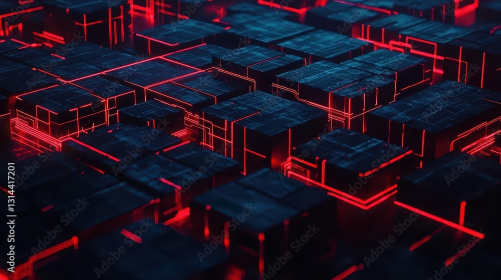 Poster abstract digital landscape with glowing red lines and blocks