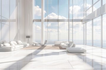 A bright, modern interior featuring expansive windows, minimalist furniture, and a serene atmosphere, perfect for relaxation and inspiration.