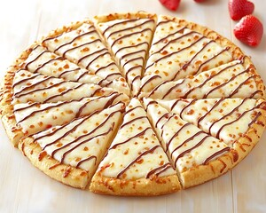 Sliced strawberry chocolate pizza on wood