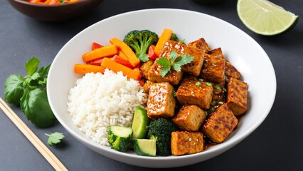 Asian Delight Stir-Fry with Savory Tofu and Vibrant Rice Bowl