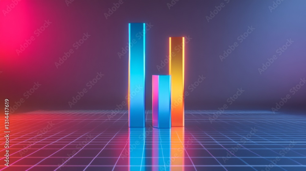 Poster A dynamic bar graph with tall, shiny bars in blue and orange, standing on a reflective grid, symbolizing financial success and economic performance