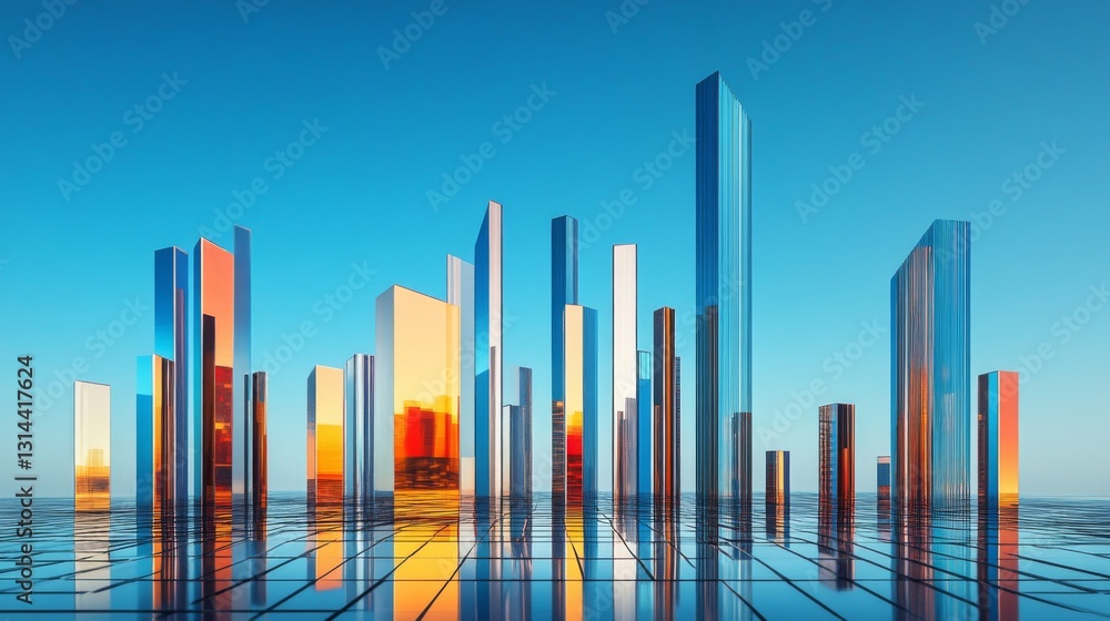 Poster A dynamic bar graph with tall, shiny bars in blue and orange, standing on a reflective grid, symbolizing financial success and economic performance