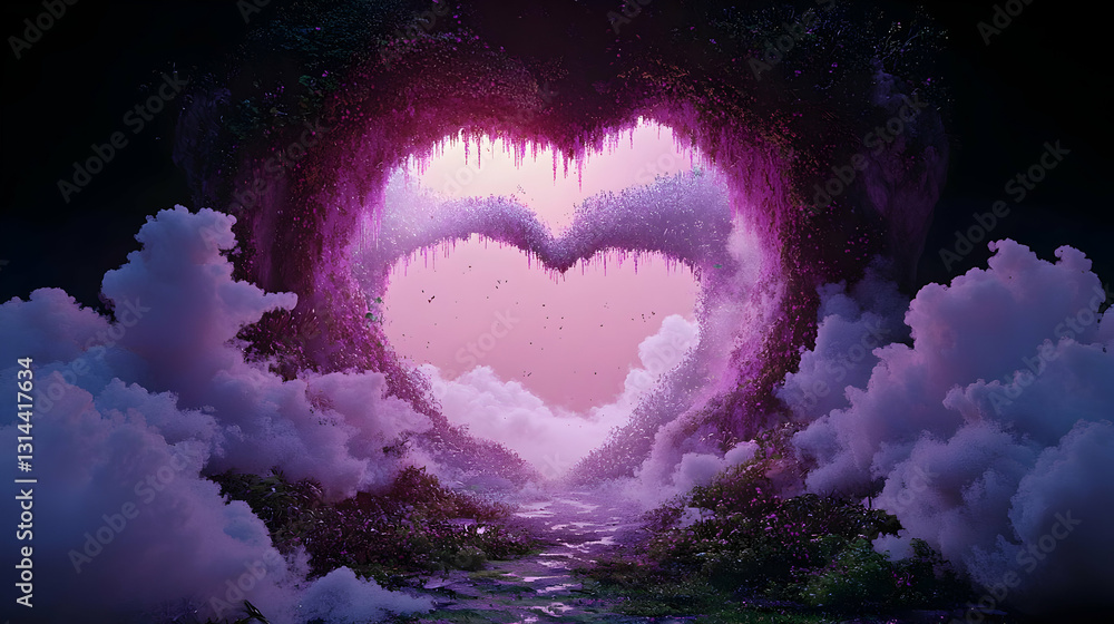 Aufkleber a heart-shaped glowing portal in a pixelated world with fluffy clouds and a stream in magical pink a
