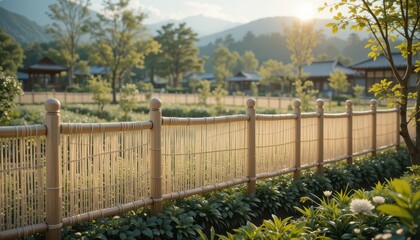 Serene Bamboo Fence in Japanese Garden Landscape at Sunset