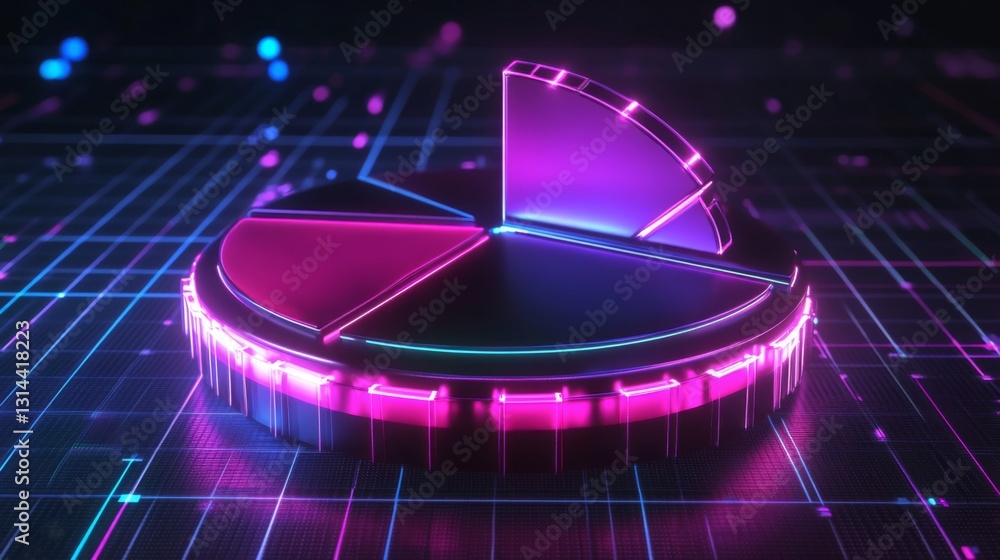 Aufkleber a futuristic d pie chart with floating segments, each glowing with neon lights, set against a dark g