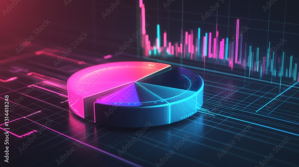 Poster a futuristic d pie chart with floating segments, each glowing with neon lights, set against a dark g