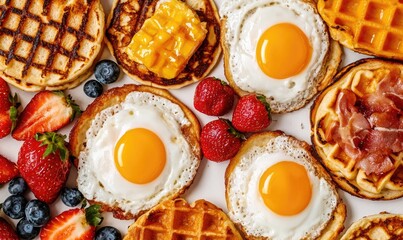 A delightful breakfast spread featuring waffles, eggs, strawberries, and bacon, perfect for any culinary enthusiast.