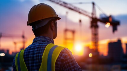 Construction worker overseeing sunset at urban site industrial scene landscape photography dynamic viewpoint safety in focus