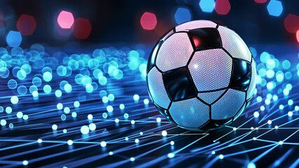 Soccer ball football floating above luminous digital network grid, futuristic blue neon background with blurred perspective video 4k - Powered by Adobe