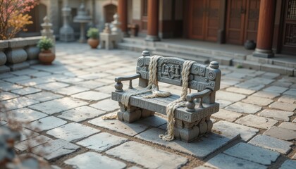 Ornate Stone Bench in Asian Courtyard Garden Setting Rope Detail Peaceful Scene