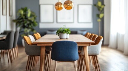 Modern dining room interior with wooden table and chairs