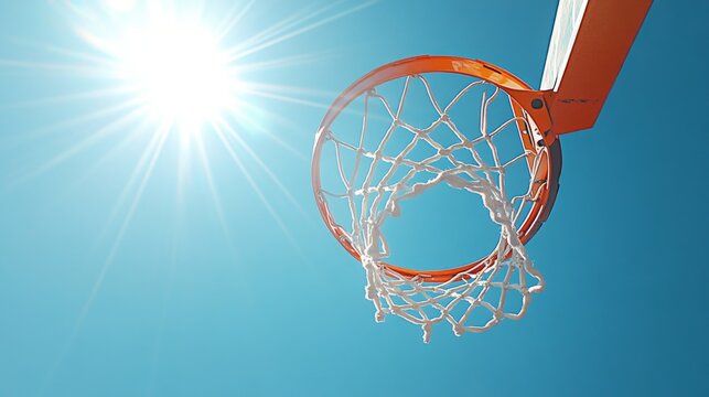 A high-angle view of a basketball hoop and net against a clear blue sky, with the sun shining brightly and casting shadows on the court below - Powered by Adobe