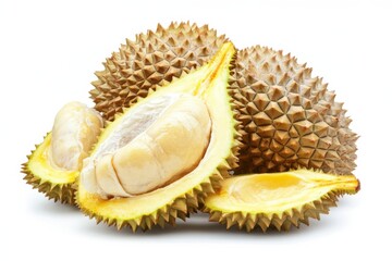 Delicious durian fruit showcasing its creamy flesh on a clean white background