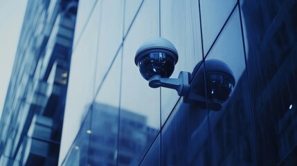 A high-tech CCTV camera mounted on a glass faade of a modern office building, reflecting the cityscape in the background