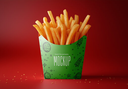 French fries packaging mockup, fast food branding template with crispy fries in a customizable carton box, perfect for promotional food packaging presentations